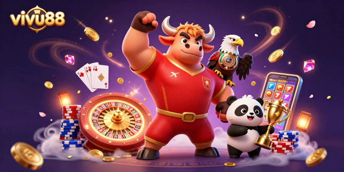 Experience vivu88 with a thrilling 3D casino scene featuring champions and casino elements.