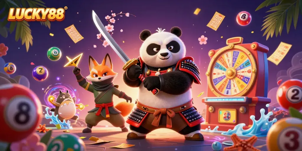 Experience thrilling gameplay in LUCKY88's vibrant casino scene with engaging characters and exciting elements.