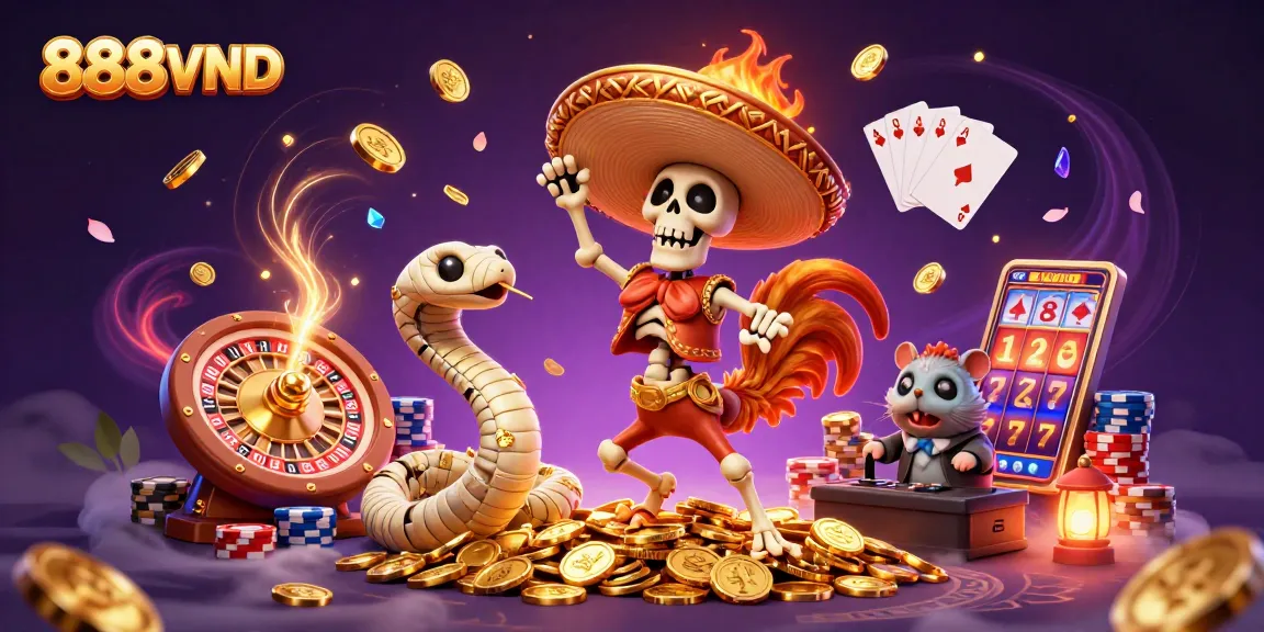 Experience thrilling gambling actions with vibrant characters like the 888VND mariachi rooster amidst golden coins.