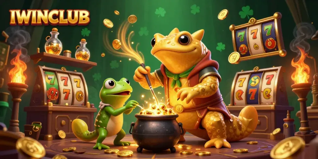 IWINCLUB offers a vibrant casino atmosphere with gold coins swirling around characters in a magical setting.