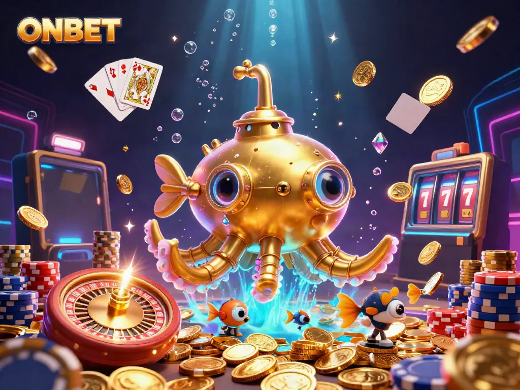 Experience ONBET's thrilling 3D casino adventure with a kraken submarine surrounded by coins and gaming elements.
