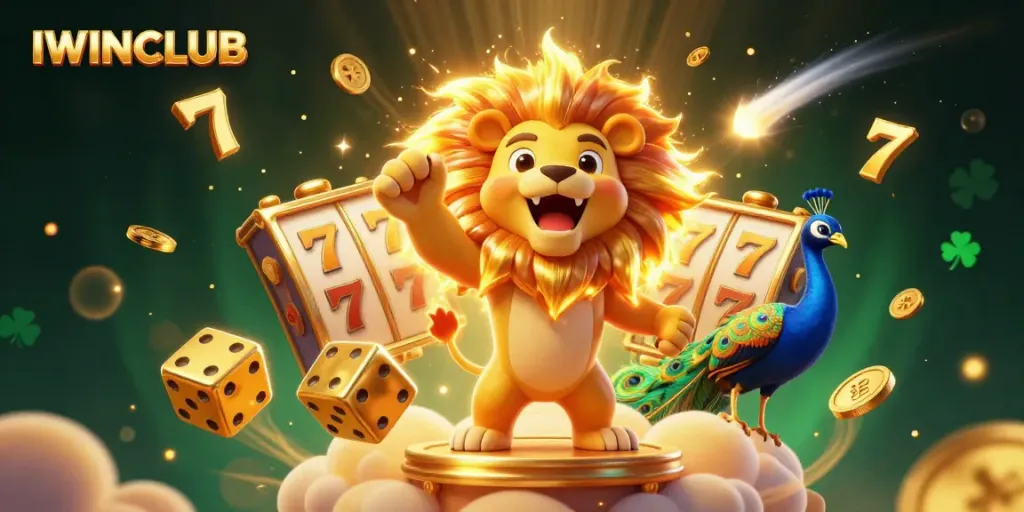 Engage with IWINCLUB's vibrant atmosphere of slot gaming, featuring a roaring lion amidst golden dice.