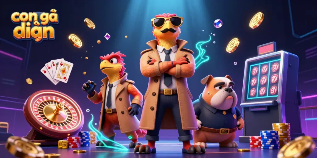 Experience the excitement of con gà đen in a vibrant cockfighting scene with dynamic characters and casino elements.