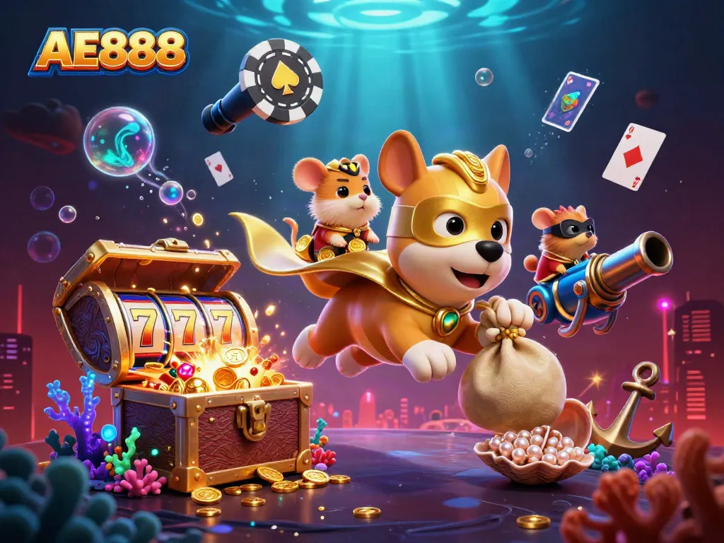 Join the adventure at AE888 casino with a superhero dog soaring with gold coins and vibrant gaming elements.
