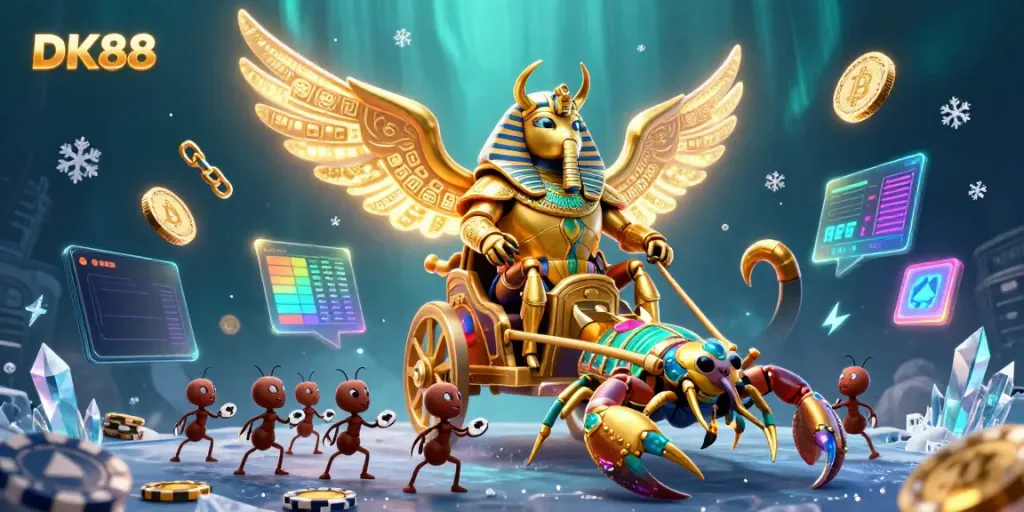 Experience gaming excitement with DK88 featuring a colossal scarab beetle in a vibrant casino scene.