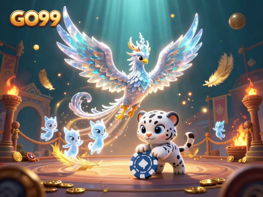 Experience GO99 casino excitement featuring an ice phoenix, snow leopard cub, and vibrant party sprites.