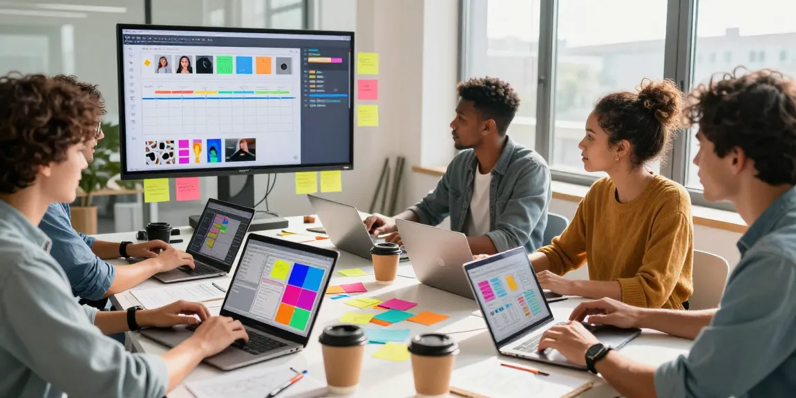 Diverse team collaborating on a digital mix board, showcasing vibrant templates and brainstorming tools in an energetic workspace.