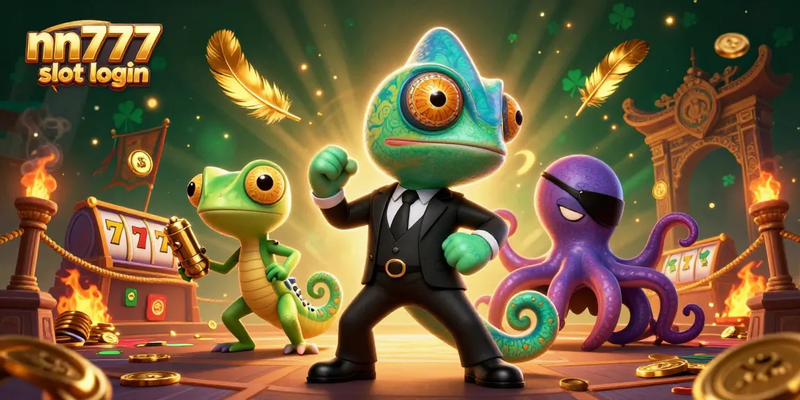 Engage with nn777 slot login through a vibrant 3D illustration featuring a chameleon and gecko companions in a thrilling casino environment.