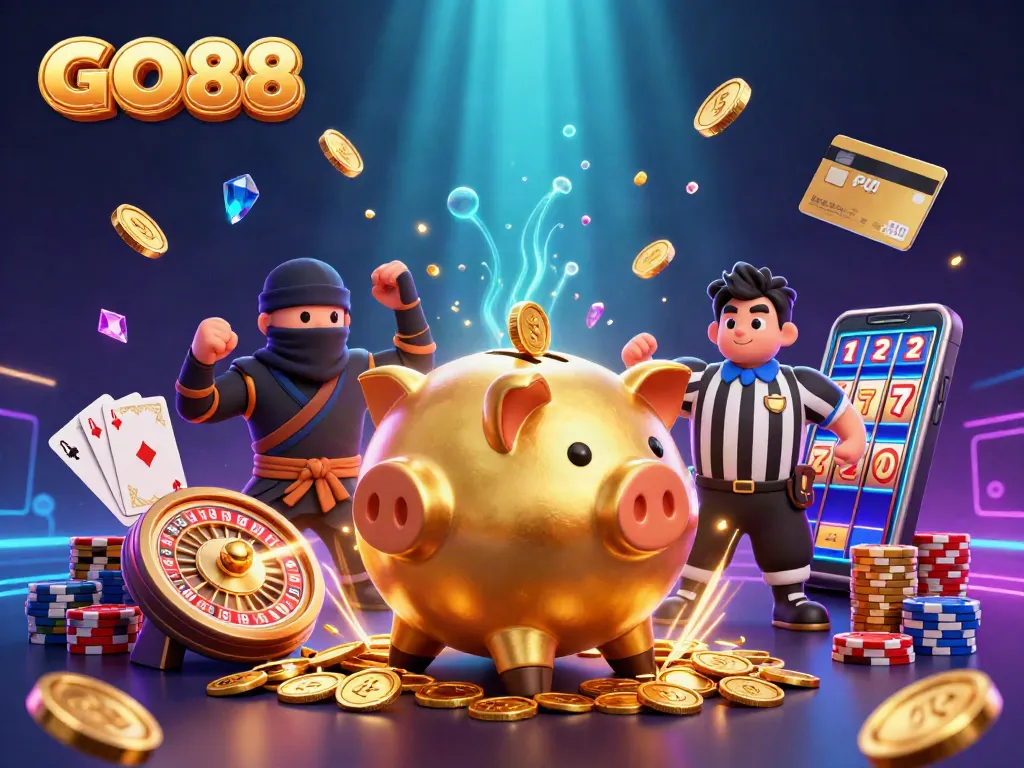 Experience GO88's exciting casino gaming scene with vibrant characters, gold coins, and dynamic elements.