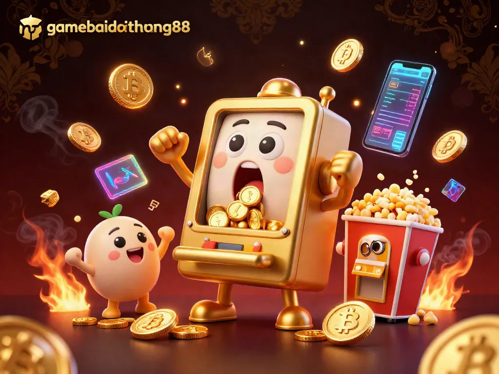 Spin to win with gamebaidoithuong88's vibrant slot scene featuring golden slot machines and crypto elements!