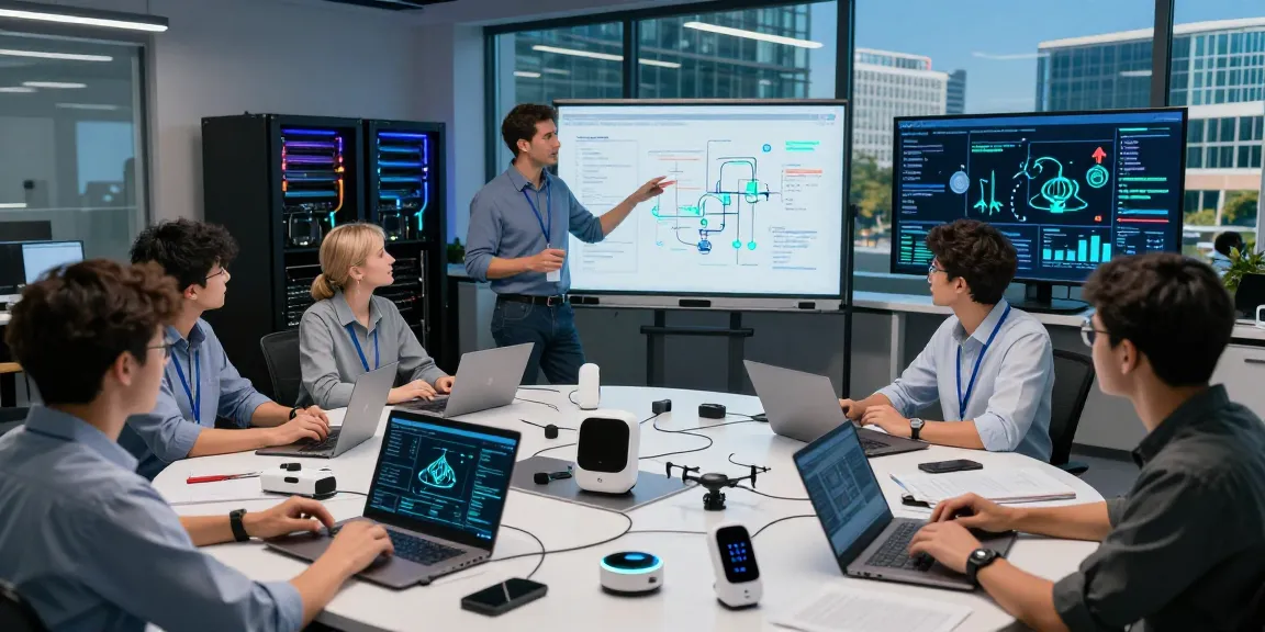 Engineers collaborating on edge computing projects, showcasing innovative technology and teamwork.