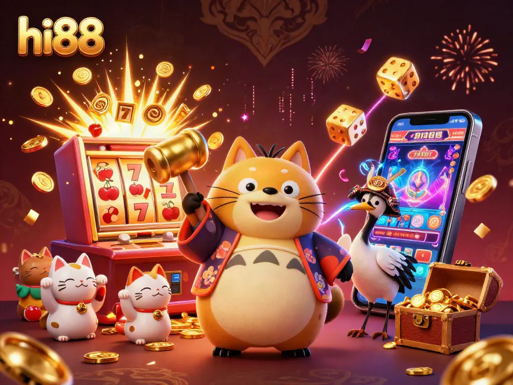 Experience excitement with hi88 as cheerful characters celebrate casino wins amid vibrant gaming elements.