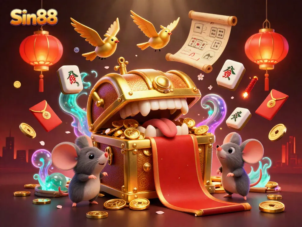 Sin88 offers exciting gaming experiences with colorful casino elements featuring a treasure chest lure.