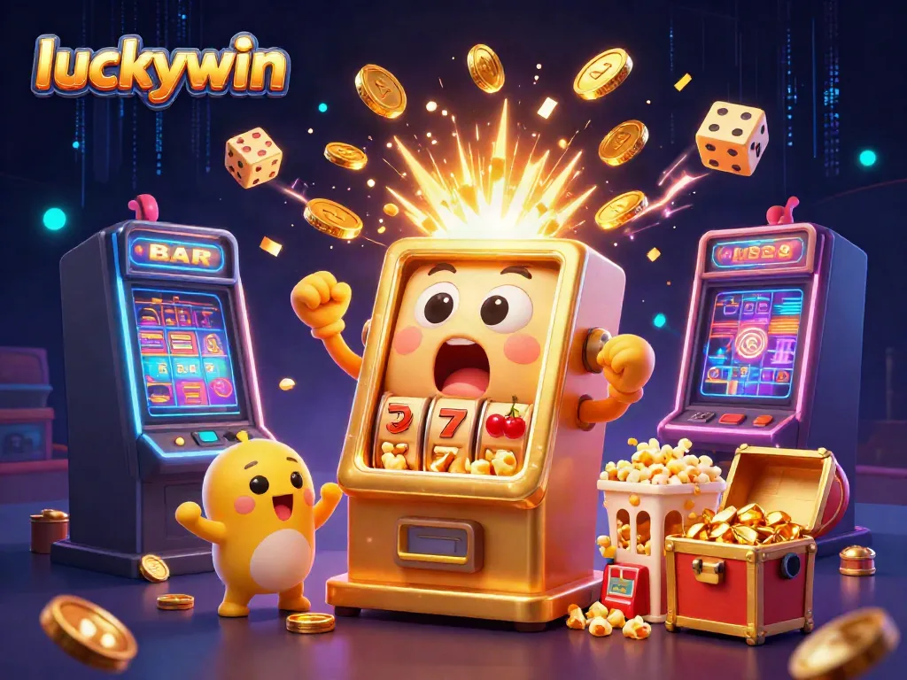 Experience thrilling wins at luckywin with a cartoon slot machine celebrating its jackpot amidst a vibrant casino scene.