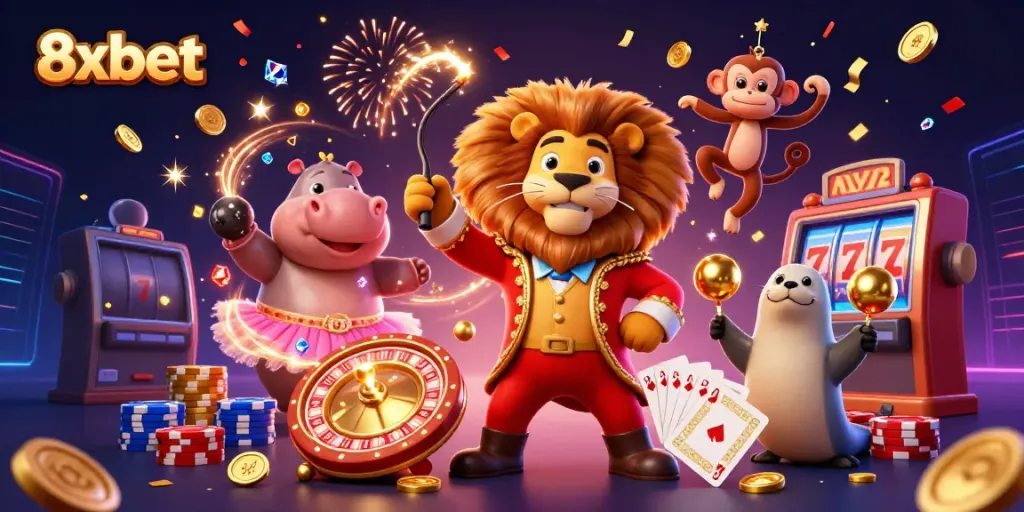 Experience thrilling gameplay with 8xbet's festive casino scene featuring vibrant characters and exciting game elements.