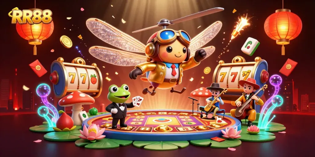 RR88 casino illustration with a dragonfly pilot, frog dealer, and jazz musicians for an engaging gambling experience.