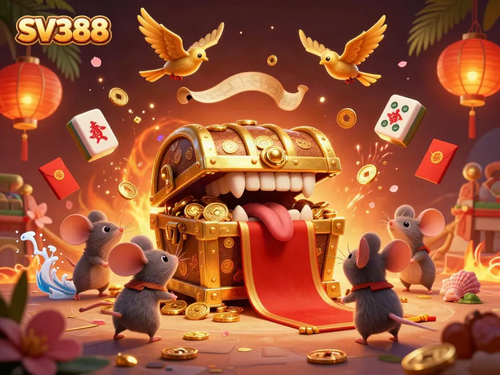 Engage with SV388’s vibrant gambling scene featuring a treasure chest and adventurer mice.