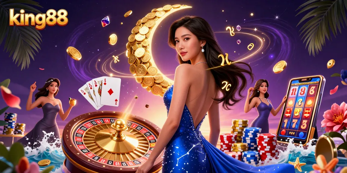 Experience thrilling games at king88 with a glamorous Asian dealer and vibrant casino elements.