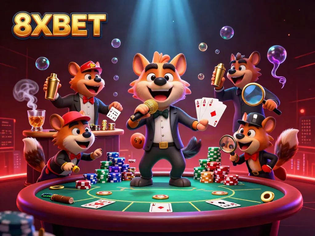 Experience the vibrant comedy casino scene at 8XBET with cartoon hyenas, poker elements, and lively atmosphere.