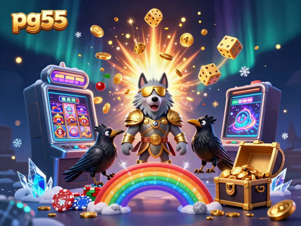 Experience thrilling gameplay at pg55 with an epic 3D illustration of a Norse god and casino elements.