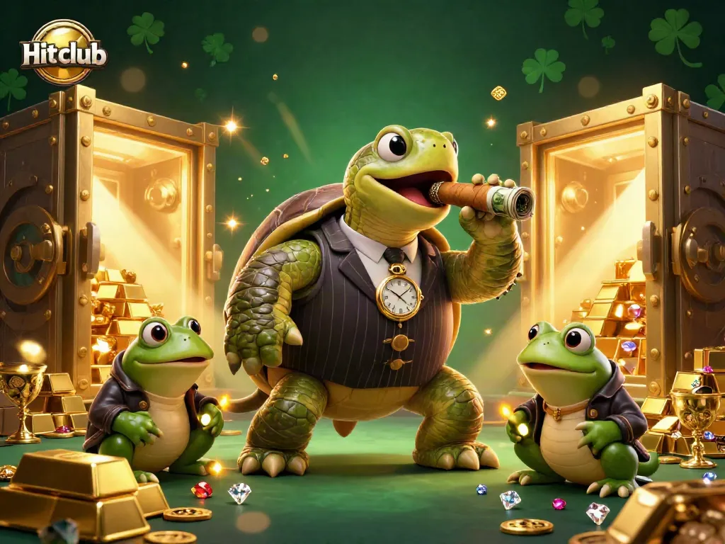 Experience the excitement of the Hit club casino scene with a snapping turtle mobster and bullfrog enforcers amidst dazzling treasures.