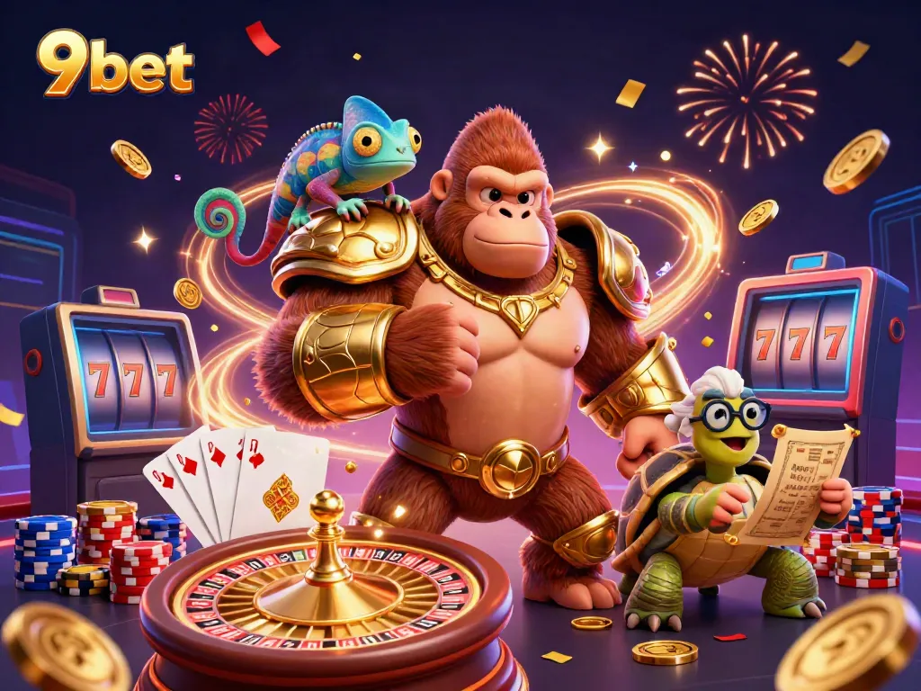 Engage with 9bet's thrilling gaming world amidst a victorious gorilla and vibrant casino elements.