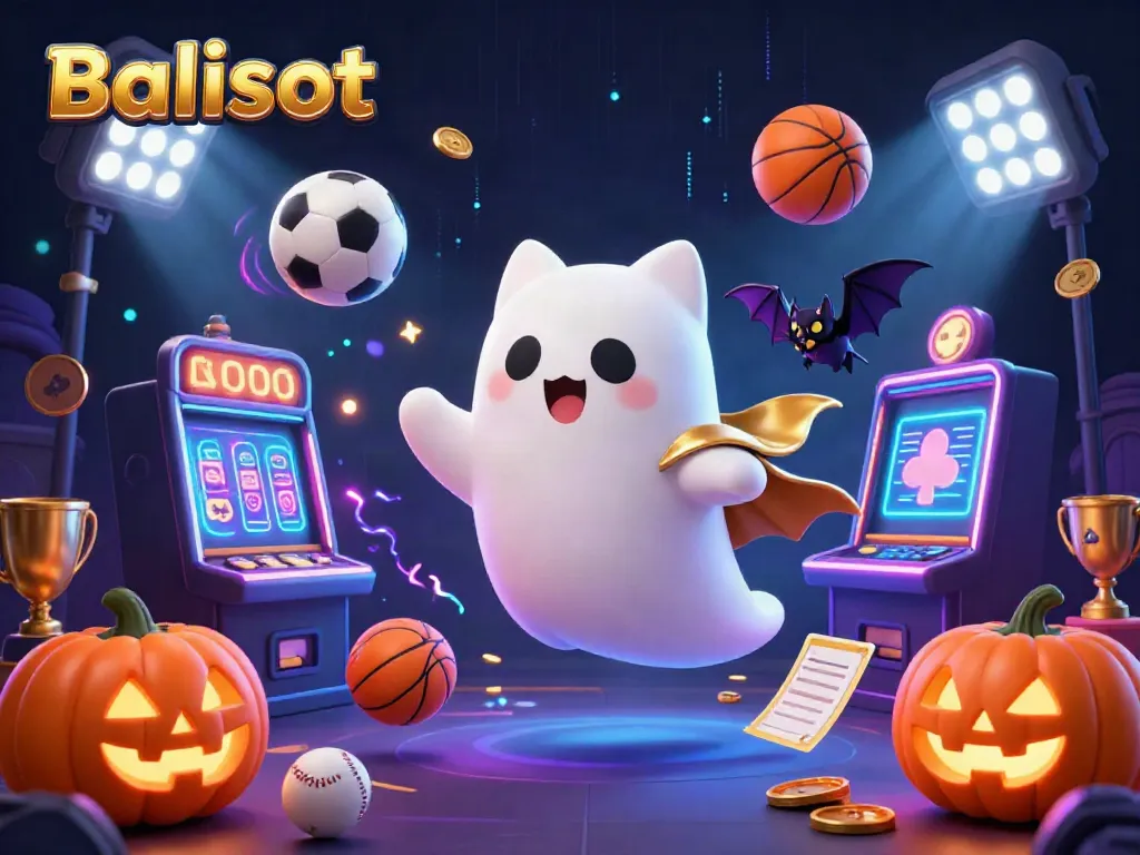 Experience the thrills of Balislot with a ghost cat in a haunted casino filled with glowing elements and sports balls.