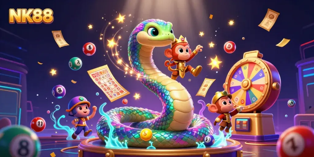 NK88 vibrant lottery scene with a rainbow serpent, monkey king, and dynamic game elements