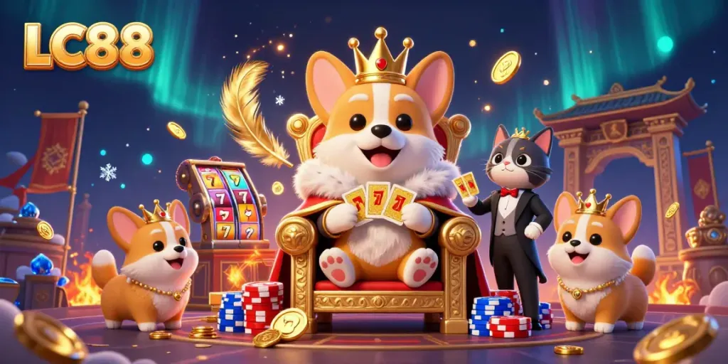 Engage with LC88 casino's vibrant cartoon scene featuring crowned corgi royalty and exciting slot elements.
