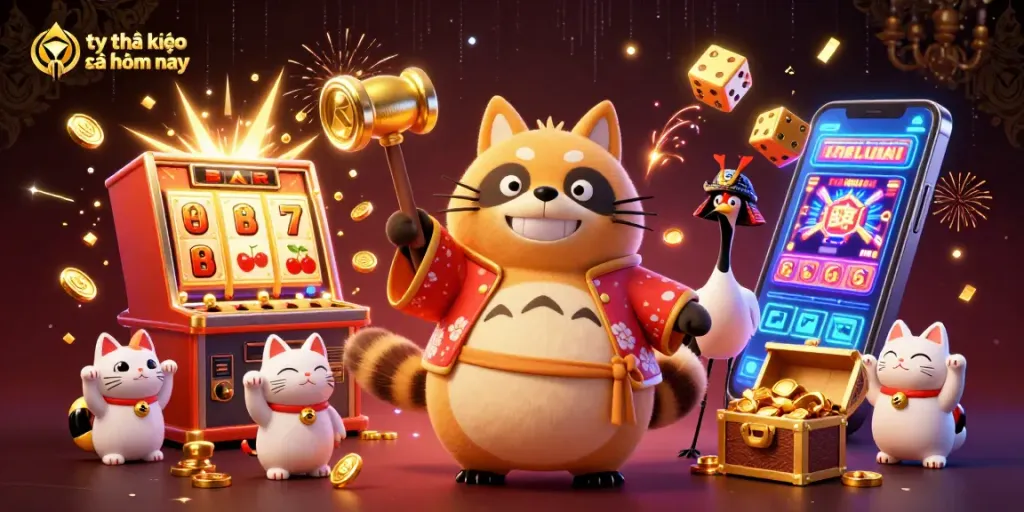 Engage with tỷ lệ kèo nhà cái hôm nay inside an ultra-detailed festive 3D scene featuring lucky symbols and vibrant characters.