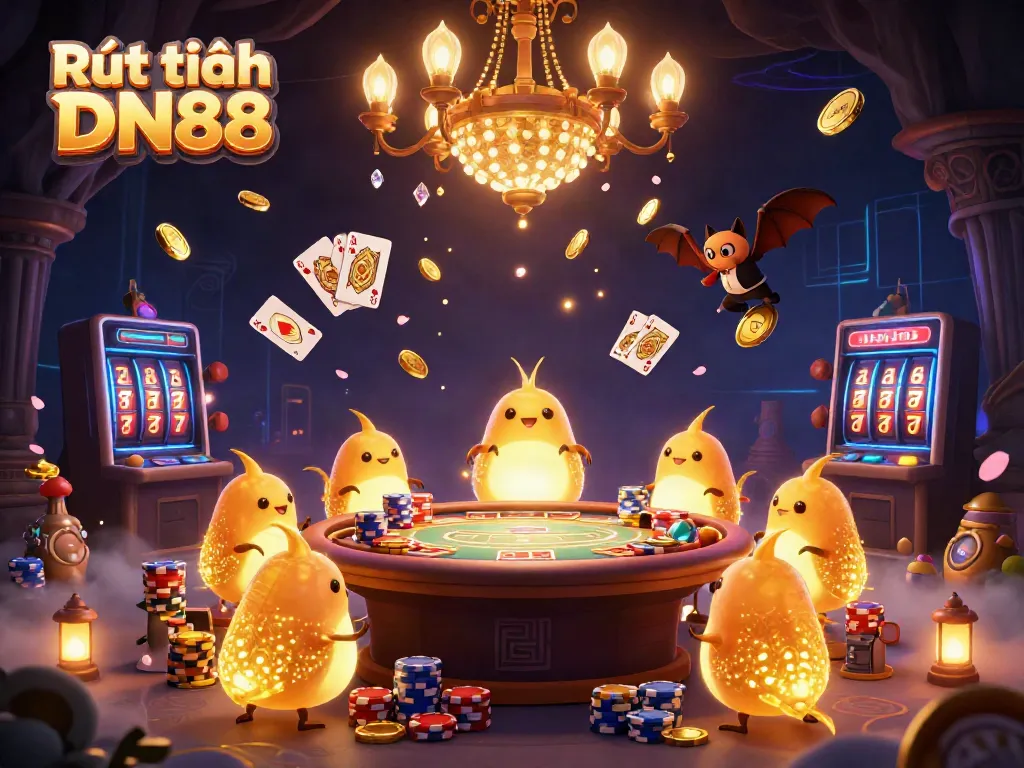 Engage with Rút tiền DN88 in this vibrant, immersive casino scene featuring colorful glowworms and a bat dealer.