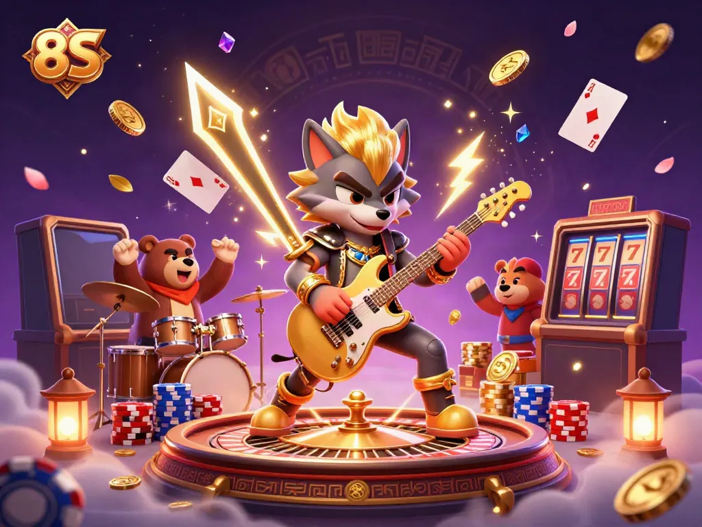Experience thrilling wins with 8S amidst dazzling casino visuals of cartoony fun.