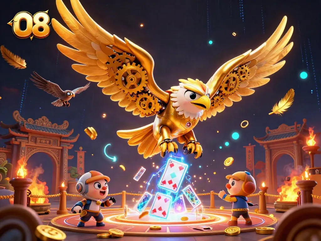 Experience thrilling gaming at O8, featuring a dynamic scene of a golden eagle amidst holographic playing cards and casino elements.