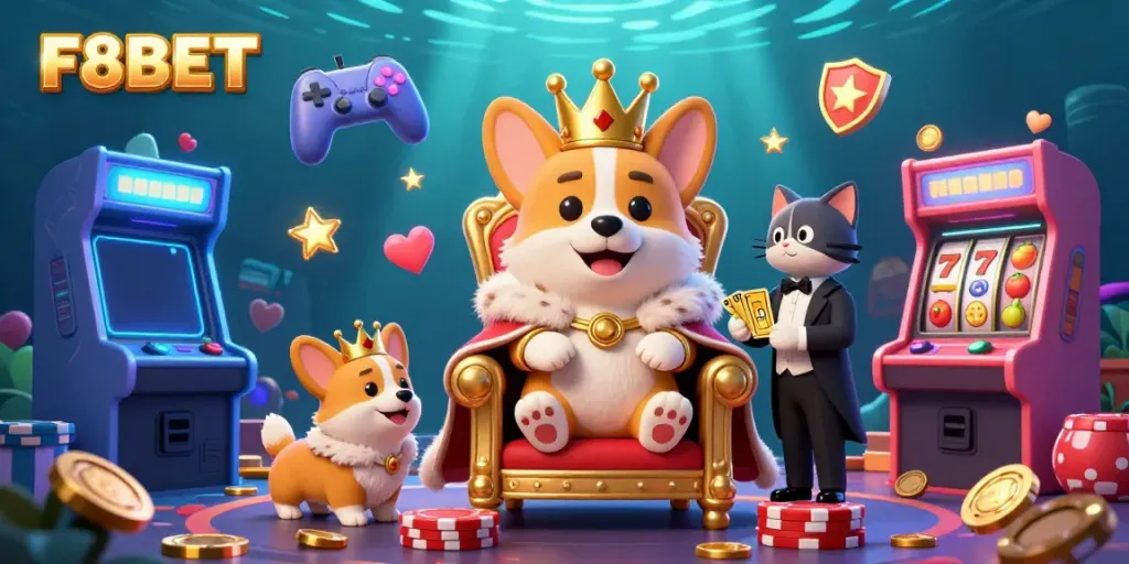 Experience F8BET's regal gaming atmosphere with a corgi on poker chips amid vibrant arcade themes.