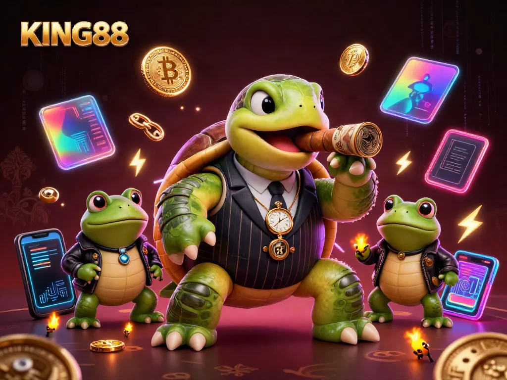 Engage with KING88's vibrant casino adventure featuring a turtle mobster and frog enforcers.