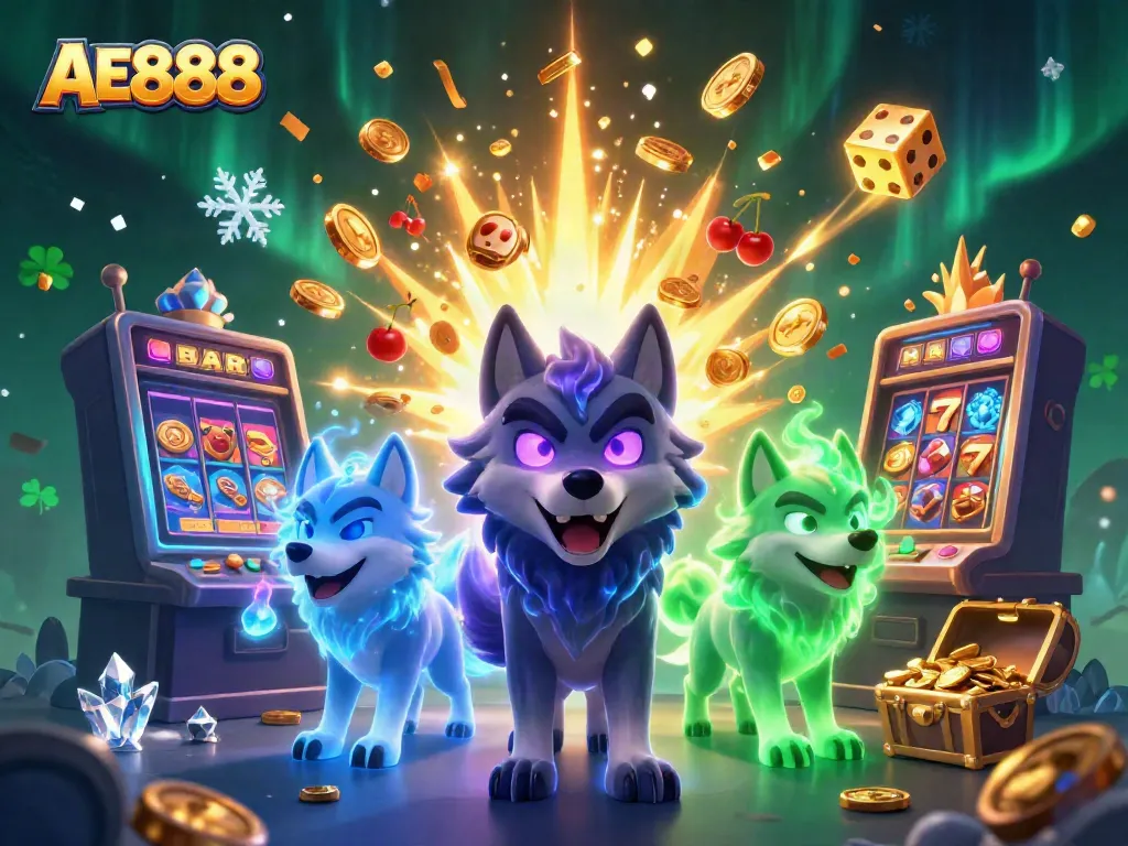 Experience the excitement of AE888 casino with vibrant 3D wolves amidst bursting slot machines.