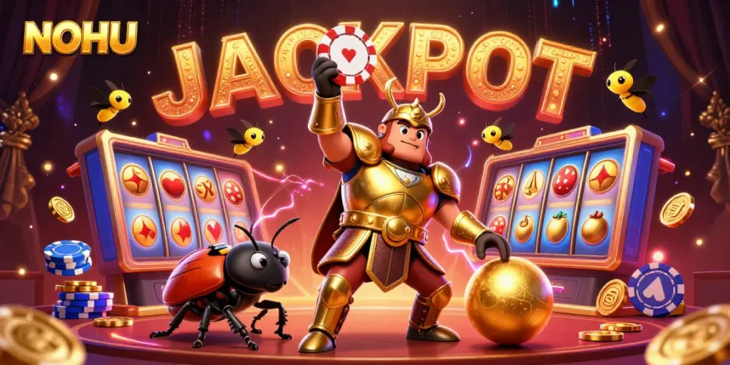 NOHU shines in a vivid scene with a victorious beetle hero and casino elements.
