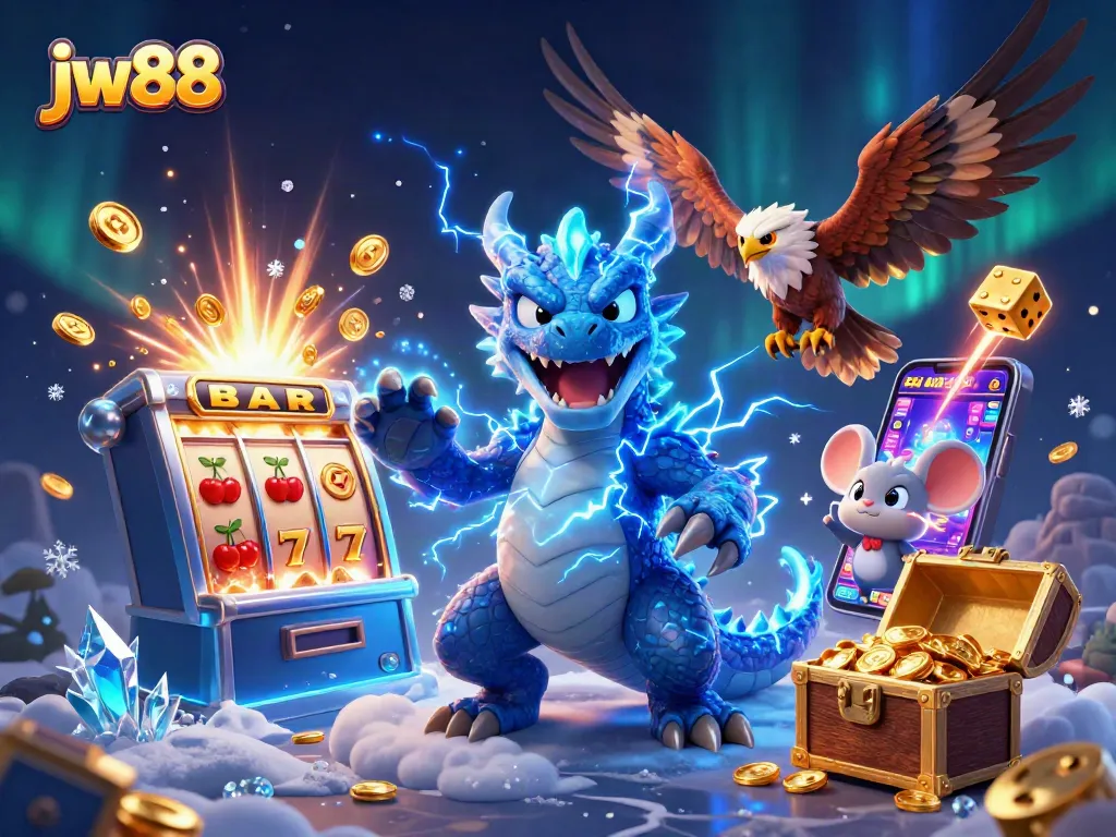 Experience thrilling moments at jw88 with a vibrant casino illustration depicting dragons and jackpots.