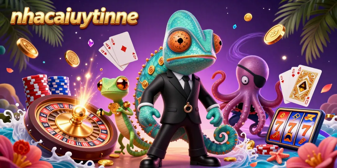 Experience thrilling gambling action with nhacaiuytinne, featuring a dynamic scene of casino characters amidst flying coins and vibrant game elements.