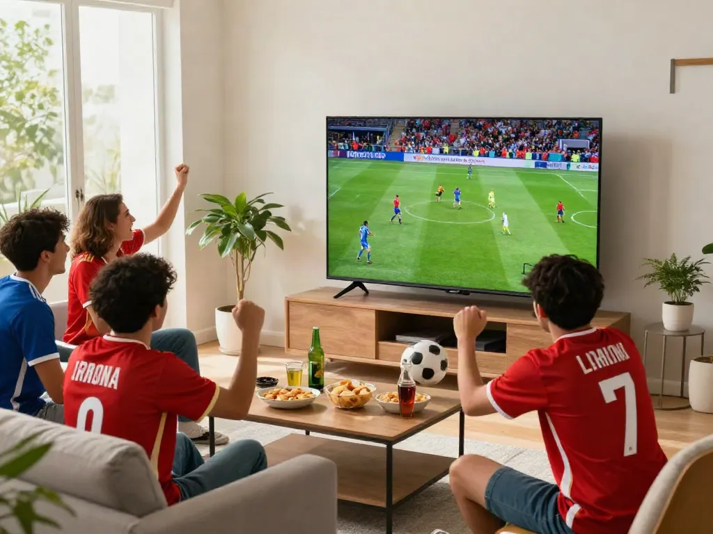 Socolive soccer viewing party with friends enjoying live match in a modern living room.