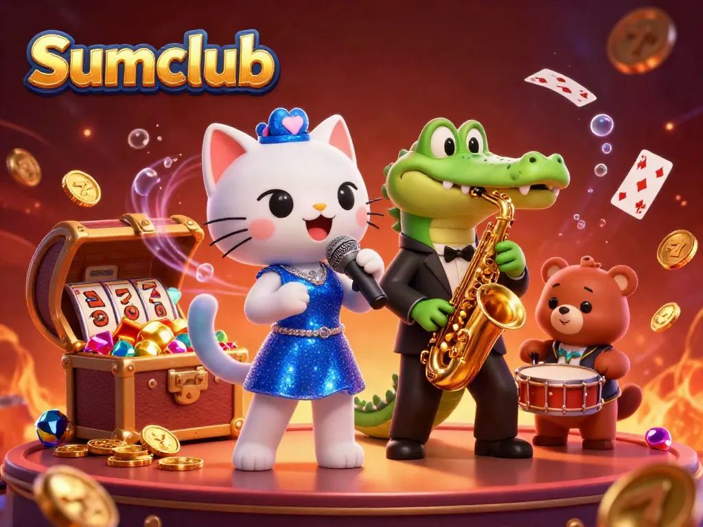 Experience the excitement of Sumclub with a cat jazz singer, crocodile saxophonist, and bear drummer in a lively casino scene.
