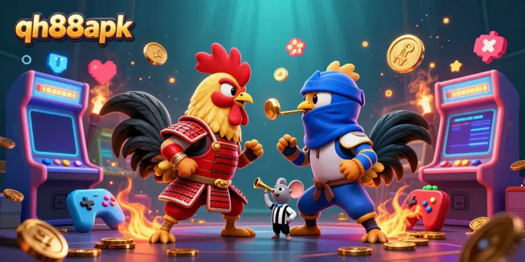 Engage with qh88apk as red samurai and blue ninja roosters battle amid vibrant casino elements.