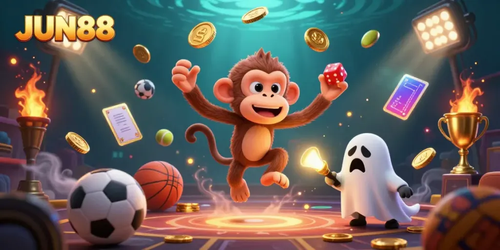 Experience JUN88's thrilling casino atmosphere as a mischievous monkey juggles golden treasures amidst sports excitement.