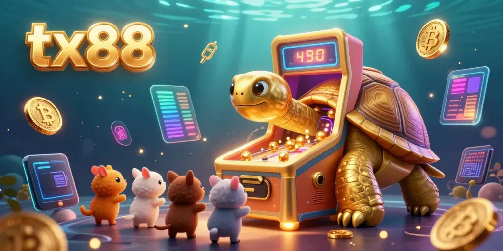 Experience the excitement of tx88 with a dynamic casino scene featuring a golden tortoise pinball machine and crypto elements.