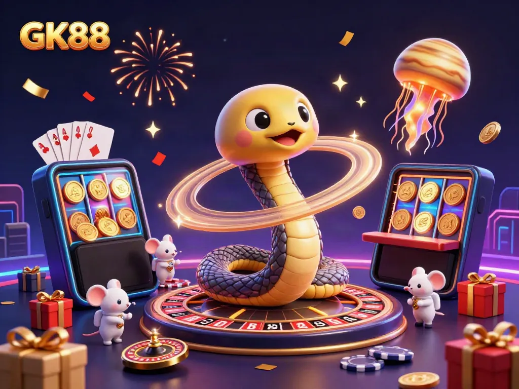 Experience thrilling bets at GK88 with a 3D cosmic casino scene featuring whimsical characters.