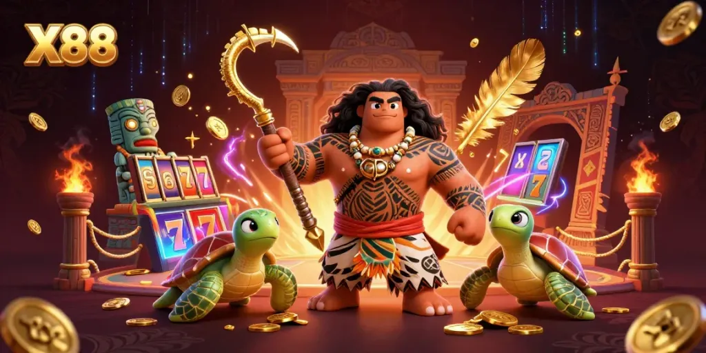 X88 showcases a vibrant casino scene with golden fish hook, treasure, and mystical creatures.