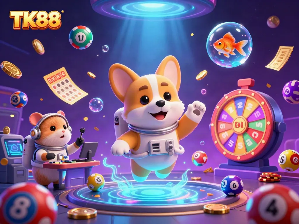 Experience the thrilling adventures of TK88 with a floating 3D corgi in a space casino filled with prizes.