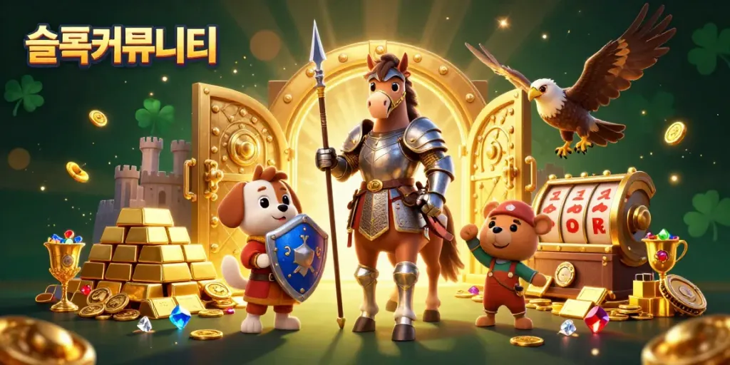 Engage with the vibrant 슬롯커뮤니티 scene highlighting a knight, puppy, and falcon amidst exciting casino elements.