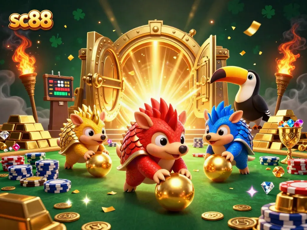 sc88 pangolins engaging in a thrilling casino game with golden treasures scattered around