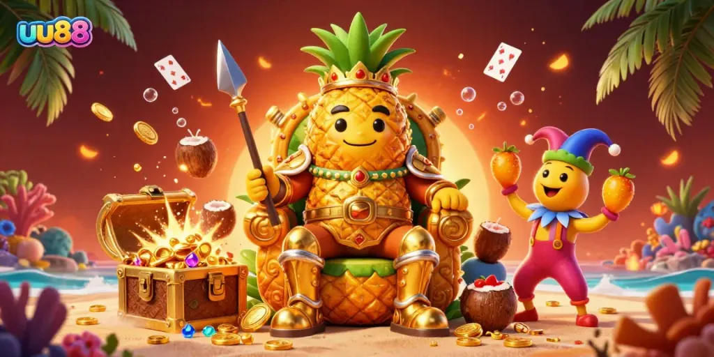 Engage in thrilling games with uu88's vibrant 3D casino illustration, featuring a golden pineapple king and lively characters.